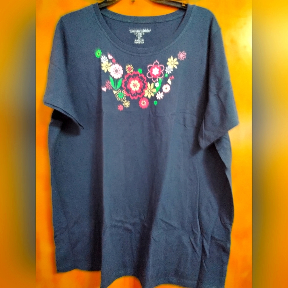 Navy Blue Floral Screenprinted T-Shirt